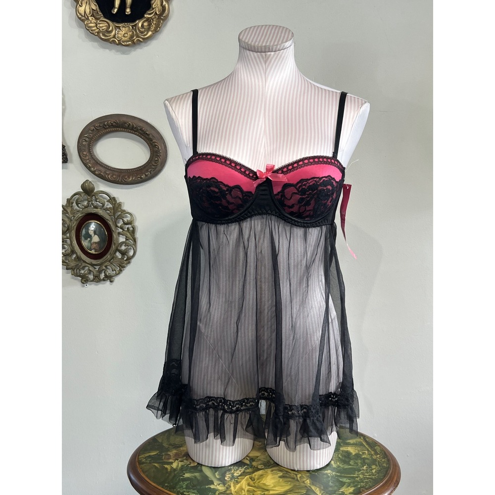Black Fuchsia Vintage Pink Lace Sheer Mesh Babydoll Lingerie Dress S